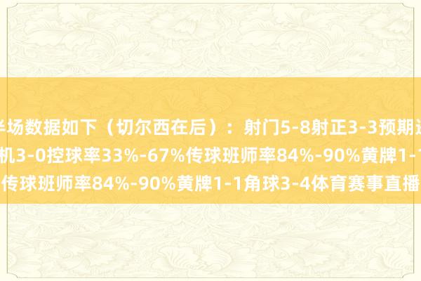 半场数据如下（切尔西在后）：射门5-8射正3-3预期进球1.30-0.63进球契机3-0控球率33%-67%传球班师率84%-90%黄牌1-1角球3-4体育赛事直播